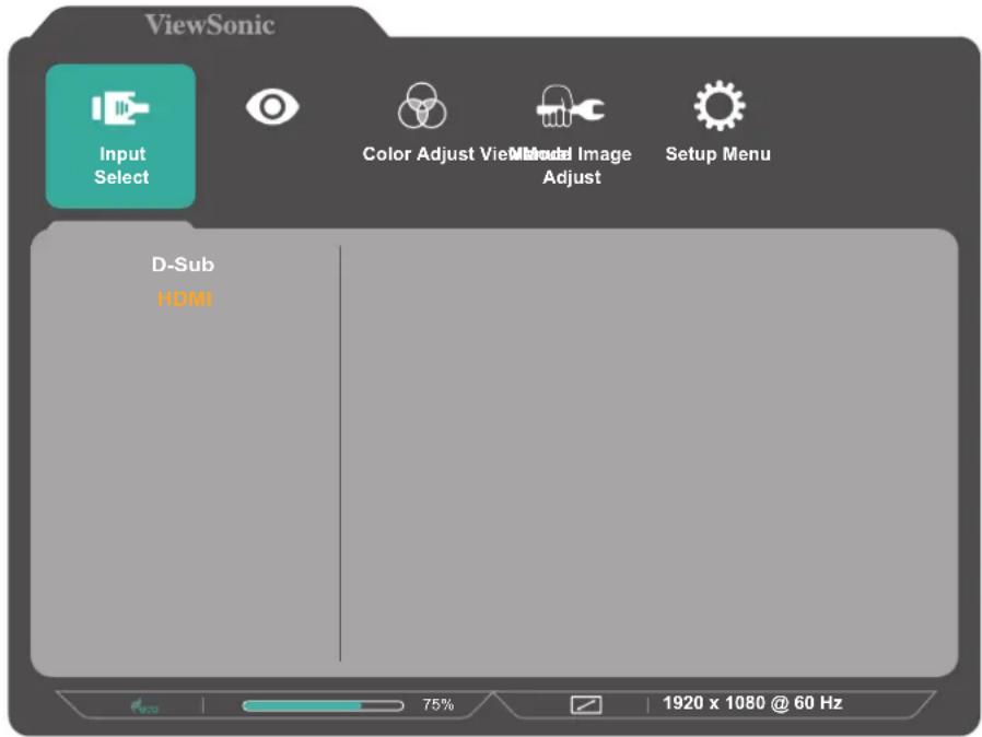 ViewSonic Input Select Color Adjust View Model Image Adjust Setup Menu D-Sub HDMI 75% 1920 x 1080 @ 60 Hz