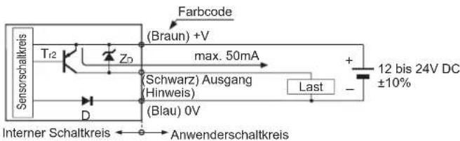 Sensorschalkreis Tr2 ZD Farbcode (Braun) +V max. 50mA (Schwarz) Ausgang (Hinweis) (Blau) 0V Last + - 12 bis 24V DC ±10% Interner Schaltkreis Anwenderschaltkreis