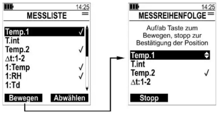 14:25 MESSLISTE = Temp.1 ✓ T.int Temp.2 ✓ Δt:1-2 1:Temp ✓ 1:RH ✓ 1:Td Bewegen Abwählen 14:25 MESSREIHENFOLGE= Auf/ab Taste zum Bewegen, stopp zur Bestätigung der Position Temp.1 ✓ T.int Temp.2 ✓ Δt:1-2 Stopp