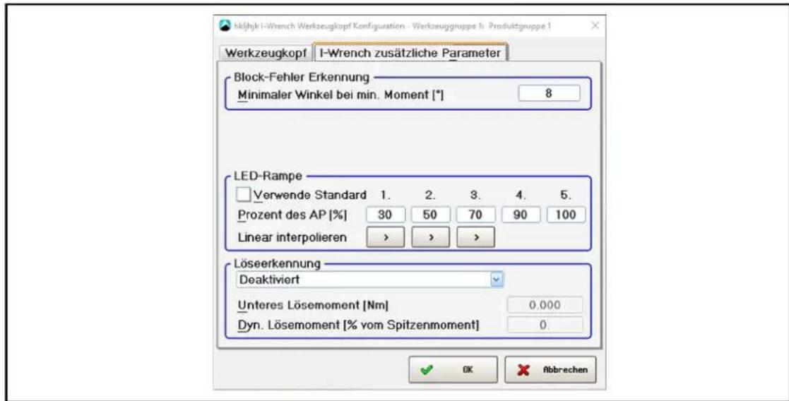 kikjihki-Wrench Werkzeugkopf Konfiguration - Werkzeuggruppe 1: Produktgruppe 1 Werkzeugkopf I-Wrench zusätzliche Parameter Block-Fehler Erkennung Minimaler Winkel bei min. Moment [*] 8 LED-Rampe □ Verwende Standard 1. 2. 3. 4. 5. Prozent des AP [%] 30 50 70 90 100 Linear interpolieren > > > Löseerkennung Deaktiviert Unteres Lösemoment [Nm] 0.000 Dyn. Lösemoment [% vom Spitzenmoment] 0. OK Abbrevchen