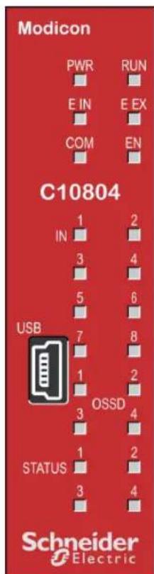 Modicon PWR RUN E IN E EX COM EN C10804 IN 1 2 3 4 5 6 USB 7 8 1 2 OSSD 3 4 STATUS 1 2 3 4 Schneider Electric