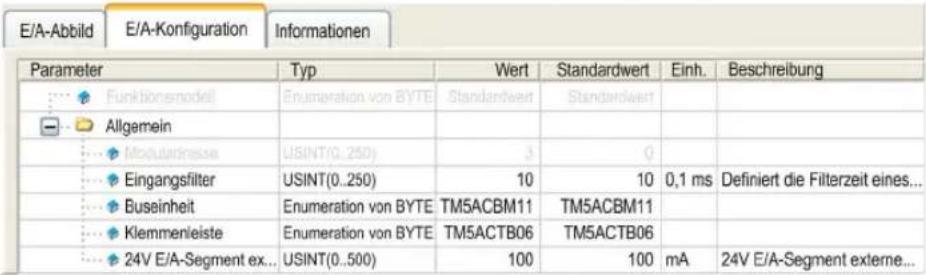 E/A-Abbild E/A-Konfiguration Informationen Parameter Typ Wert Standardwert Einh. Beschreibung Funktionssmodel Enumeration von BYTE Standardwert Standardwert Allgemein Modulatmesse USINT(0..250) 3 0 Eingangsfilter USINT(0..250) 10 10 0,1 ms Definiert die Filterzeit eines... Buseinheit Enumeration von BYTE TM5ACBM11 TM5ACBM11 Klemmenleiste Enumeration von BYTE TM5ACTB06 TM5ACTB06 24V E/A-Segment ex... USINT(0..500) 100 100 mA 24V E/A-Segment externe...