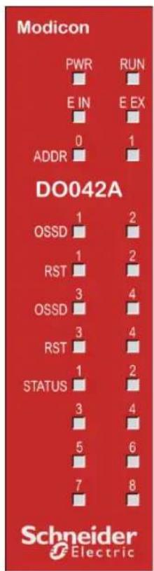 Modicon PWR RUN E IN E EX 0 1 ADDR DO042A OSSD 1 2 RST 1 2 OSSD 3 4 RST 3 4 STATUS 1 2 3 4 5 6 7 8 Schneider Electric