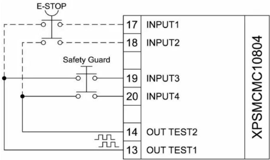 E-STOP Safety Guard 17 INPUT1 18 INPUT2 19 INPUT3 20 INPUT4 14 OUT TEST2 13 OUT TEST1 XPSMCMC10804