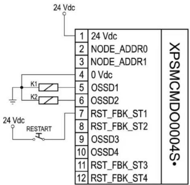 24 Vdc 1 24 Vdc 2 NODE_ADDR0 3 NODE_ADDR1 4 0 Vdc 5 OSSD1 6 OSSD2 7 RST_FBK_ST1 8 RST_FBK_ST2 9 OSSD3 10 OSSD4 11 RST_FBK_ST3 12 RST_FBK_ST4 XPSMCMDO0004S•