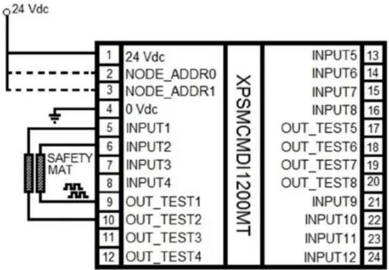 24 Vdc 1 24 Vdc 2 NODE_ADDR0 3 NODE_ADDR1 4 0 Vdc 5 INPUT1 6 INPUT2 7 INPUT3 8 INPUT4 9 OUT_TEST1 10 OUT_TEST2 11 OUT_TEST3 12 OUT_TEST4 XPSMCMDI1200MT INPUT5 13 INPUT6 14 INPUT7 15 INPUT8 16 OUT_TEST5 17 OUT_TEST6 18 OUT_TEST7 19 OUT_TEST8 20 INPUT9 21 INPUT10 22 INPUT11 23 INPUT12 24