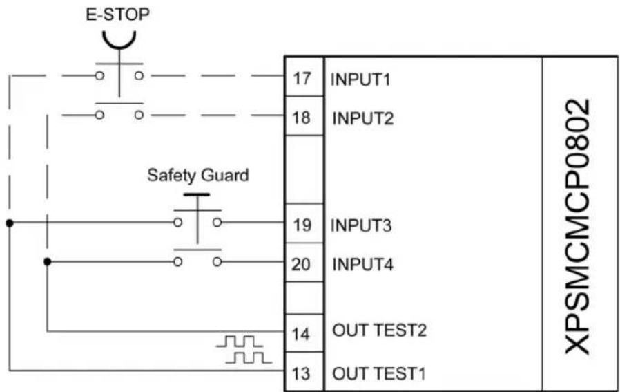 E-STOP Safety Guard 17 INPUT1 18 INPUT2 19 INPUT3 20 INPUT4 14 OUT TEST2 13 OUT TEST1 XPSMCMCP0802