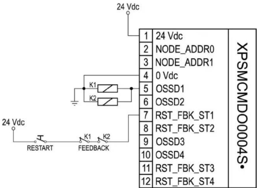 24 Vdc 1 24 Vdc 2 NODE_ADDR0 3 NODE_ADDR1 4 0 Vdc 5 OSSD1 6 OSSD2 7 RST_FBK_ST1 8 RST_FBK_ST2 9 OSSD3 10 OSSD4 11 RST_FBK_ST3 12 RST_FBK_ST4 XPSMCMDD0004S• 24 Vdc RESTART K1 K2 FEEDBACK