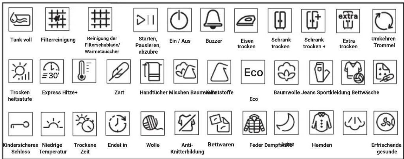 Tank voll Filterreinigung Reinigung der Filterschublade/Wärmetauscher Starten, Pausieren, abzubre Ein / Aus Buzzer Eisen trocken Schrank trocken Schrank trocken + Extra trocken Umkehren Trommel Trocken heitsstufe Express Hitze+ Zart Handtücher Mischen Baumwollstoffe Eco Baumwolle Jeans Sportkleidung Bettwäsche Kindersicheres Schloss Niedrige Temperatur Trockene Zeit Endet in Wolle Anti-Knitterbildung Bettwaren Feder Dampfsterke Jahne Hemden Erfrischende gesunde