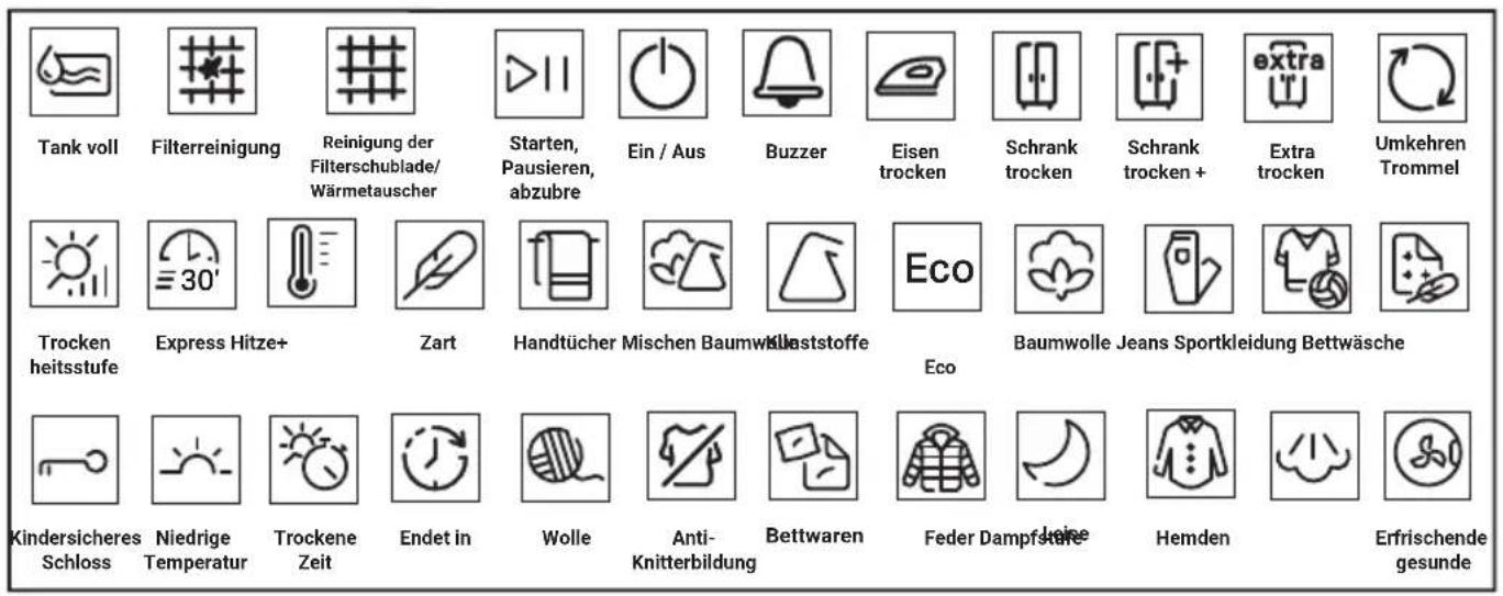 Tank voll Filterreinigung Reinigung der Filterschublade/Wärmetauscher Starten, Pausieren, abzubre Ein / Aus Buzzer Eisen trocken Schrank trocken Schrank trocken + Extra trocken Umkehren Trommel Trocken heitsstufe Express Hitze+ Zart Handtücher Mischen Baumwolle Wlaststoffe Eco Baumwolle Jeans Sportkleidung Bettwäsche Kindersicheres Schloss Niedrige Temperatur Trockene Zeit Endet in Wolle Anti-Knitterbildung Bettwaren Feder Dampfrika Jewer Hemden Erfrischende gesunde