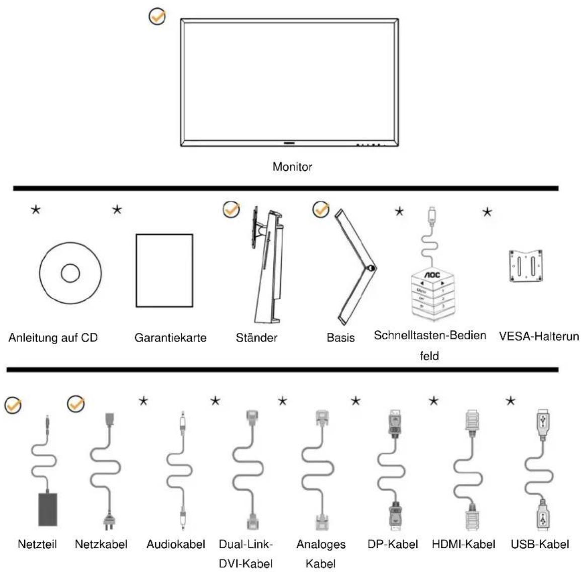 Monitor Anleitung auf CD Garantiekarte Ständer Basis Schnelltasten-Bedienfeld VESA-Halterung Netzteil Netzkabel Audiokabel Dual-Link-DVI-Kabel Analoges Kabel DP-Kabel HDMI-Kabel USB-Kabel