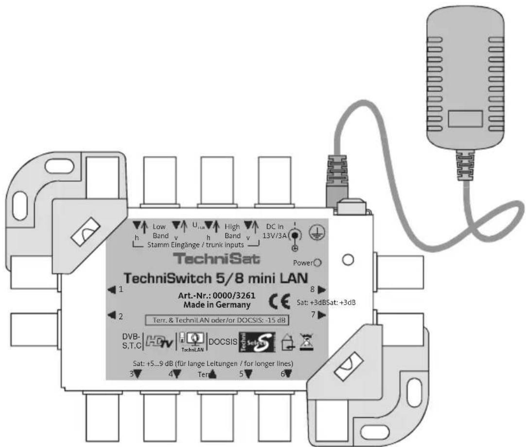 TechniSat TechniSwitch 5/8 mini LAN Art.-Nr.: 0000/3261 Made in Germany Sat: +3dB Sat: +3dB Terr. & TechniLAN oder/or DOCSIS: -15 dB DVB- S.T.C TechniLAN DOCSIS Sat: +5...9 dB (für lange Leitungen / for longer lines) 3 4 Ter 5 6