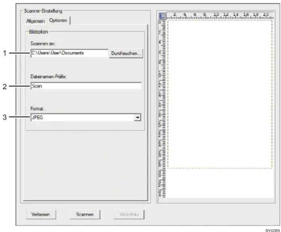 Scanner-Einstellung Allgemein Optionen Bildopton Scannen an: C:\Users\User\Documents Durchauchen... Dateinamen-Präfic Scan Format: JPEG Verlassen Scannen Voischau 2 4 6 8 10 12 14 16 18 20 DYG389