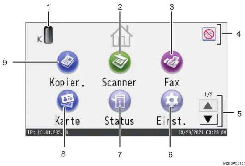 1 K 2 3 4 9 Kopier. Scanner Fax Karte Status Einst. IP: 10.60.285.9 7 6 1/2 5 09/29/2021 09:29 AM 8 MDESPC5107