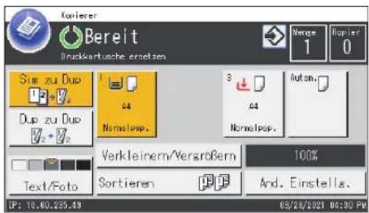 Kopierer Bereit Druckkartische ersetzen Sim zu Dup 12 - V2 Dup zu Dup V2 + V2 04 Normalpop. Verkleinern/Vergrößern Sortieren 100% And. Einstells. LP: 10.60.235.49 08/28/2021 04:30 PM