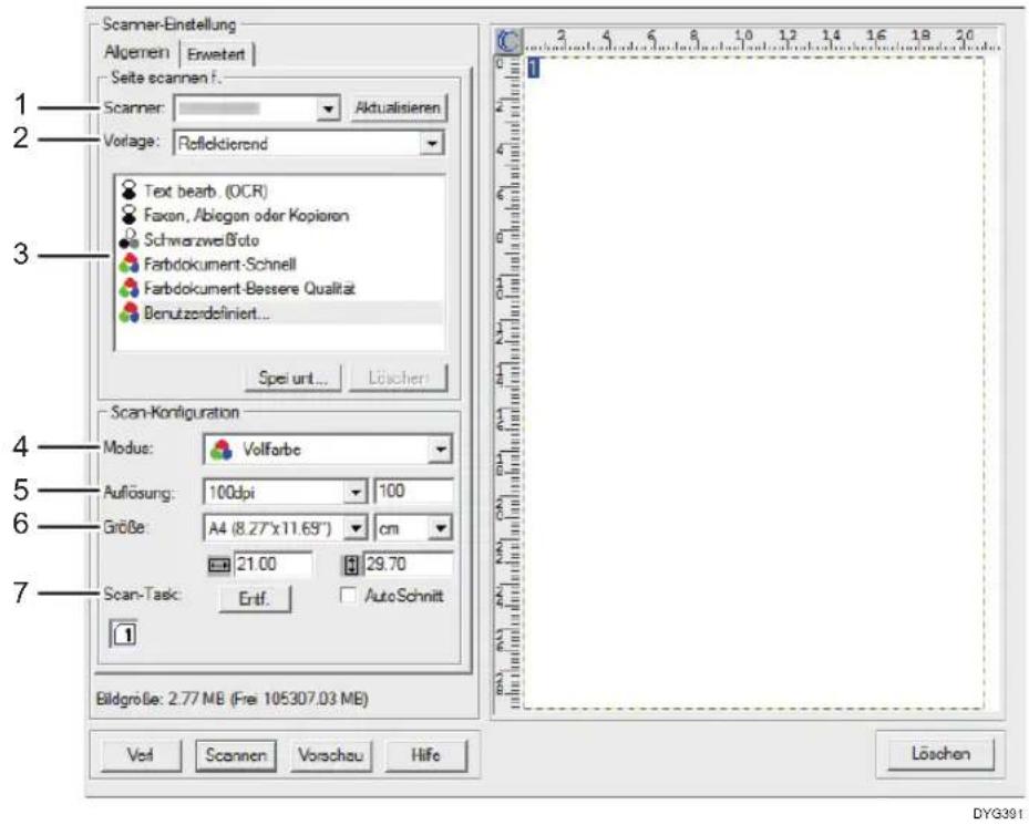 Scanner-Einstellung Algemein | Erwetert | Seite scannen f... Scanner: Aktualisieren Vorlage: Reflektierend Text bearb. (OCR) Faxon, Abiegen oder Kopieren Schwarzweißfoto Farbdokument-Schnell Farbdokument-Bessere Qualität Benutzerdefiniert... Spei unt... Löschen Scan-Kontfiguration Modus: Vollfarbe Auflösung: 100dpi 100 Größe: A4 (8,27"x11,69") cm 21,00 29,70 Scan-Task: Eritf. Auto Schnitt 1 Bildgröße: 2,77 MB (Frei 105307,03 MB) Voll Scannen Vorschau Hilfe Löschen DYG391