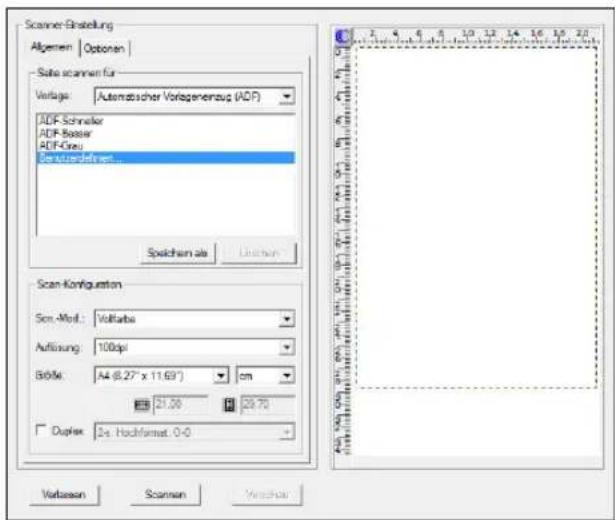 Scanner-Bristellung Algeinen | Optionen | Suite scanner für Verlages: Automatischer Vorlagenerzug (ADF) ADF-Schneller ADF-Bassier ADF-Creu Derivatedefiniert... Spelichen als Linezen Scan-Konfiguration Son-Mod.: Volklabs Auflösung: 100dpi BOM: A4 (6.27" x 11.69") cm 21.00 29.70 Duplex: 2x. Hochformat. 0-0 Verlassen Scanen Versicher