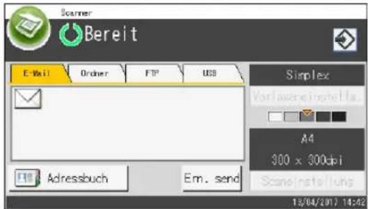 Scanner Bereit E-Wall Orderer FTP USB Simplex Vorlässeinstellä. A4 300 x 300dpi Stoneinstellung 13/04/2017 14:42 F11 Adressbuch Em. send