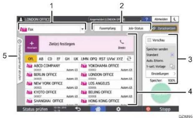 LONDON OFFICE Fax 1 2 Abmäden Faxempfang Job-Status Zurksprägen 5 Ziel(e) festlegen Direkt Vorschau Speicher senden Standard Auto Erkenn. 1-Sett. Vorlage Einstellungen Speicher: 100% 4 Status prüfen 12.00.2018 12.00.2019 Stopp DZX895