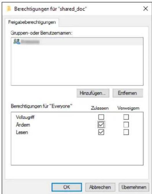 Berechtigungen für "shared_doc" Freigabeberechtigungen Gruppen-oder Benutzemamen: Hinzufügen... Entfernen Berechtigungen für "Everyone" Zulassen Verweigem Vollzugriff Andem Lesen OK Abbrechen Übemehmen
