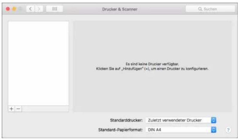 Drucker & Scanner Es sind keine Drucker verfügbar. Klicken Sie auf „Hinzufügen“ (+), um einen Drucker zu konfigurieren. Standarddrucker: Zuletzt verwendeter Drucker Standard-Papierformat: DIN A4