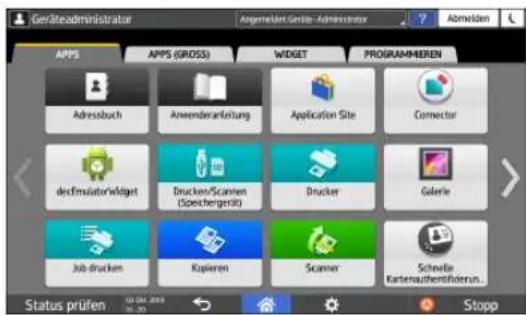 Geräteadministratort Angemeldet Grülle - Administrator Abmelden APPS APPS (GROSS) WIDGET PROGRAMMIEREN Adressbuch Anwenderarbeitung Application Site Connector derEmulatorWidget Drucken/Scanien (Speichengenit) Drucker Galerie Job drucken Kopieren Scanner Schede Kartenauthentfliderun... Status prüfen 01.06.2019 01.20 Stopp