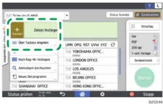 Ziel(e) festliegen Über Tastatur eingeben Nach Reg.-Nr. festliegen. Adressbuch-durchuchen Neues Ziel programm. SHANGHAI OFFICE LMN OPQ RST UVW XYZ YOKOHAMA OFFIC... LONDON OFFICE LOS ANGELES BEIJING OFFICE HONG KONG OFFIC... Status prüfen 12/01/2013 Status Scandat Zurzinseten Vorschau SW PDF 200 dpi 1-seit. Vorlage Sendeeinstell > Starten DZCS10