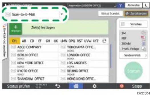 LONDON OFFICE Scan-to-E-Mail Ziel(e) festliegen OFF AB CD E F G H I K LMN_OPQ RST_I/VW_XYZ ABCD COMPANY 000031 YOKOHAMA OFFIC... 00002 BERLIN OFFICE 00005 LONDON OFFICE 00004 NEW YORK OFFICE 00003 LOS ANGELES 00006 KYOTO OFFICE 00007 BEIJING OFFICE 00008 SHANGHAI OFFICE HONG KONG OFFIC... Status prüfen Stand Abmeiden Status Scandat Zurückwerten Vorschau SW PDF 200 dpi 1-seit. Vortage Sendereinstell > Starten DZC504