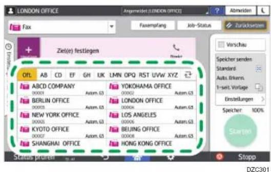 LONDON OFFICE AngemeSet LONDON OFFICE Fax Faxempfang Job-Status Zurücksetzen + Ziel(e) festlegen Forder Vorschau Speicher senden Standard Auto. Erkrans 1-seit. Vorlage Einstellungen Speicher 100% Starten Standige jefüllen Stopp DZC301