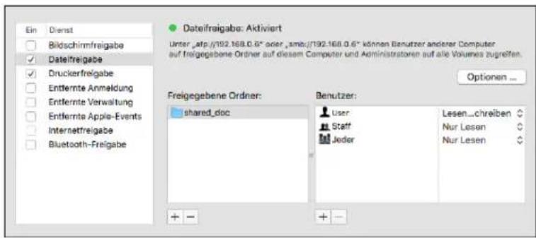 Ein Dienst Bildschirmfreigabe Dateifreigabe Druckerfreigabe Entfernte Anmeldung Entfernte Verwaltung Entfernte Apple-Events Internetfreigabe Bluetooth-Freigabe Dateifreigabe: Aktiviert Unter „atp://192.168.0.6" oder „smbc//192.168.0.6" können Benutzer anderer Computer auf freigegebene Ordner auf diesem Computer und Administratoren auf alle Volumes zugreifen. Optionen ... Freigegebene Ordner: shared_doc Benutzer: User Statt Jeder Lesen...chreiben Nur Lesen Nur Lesen