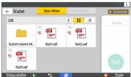 Drucker Datei wählen USB System Volume Inf... file01.pdf file02.pdf file03.pdf Status prüfen Start Stopp
