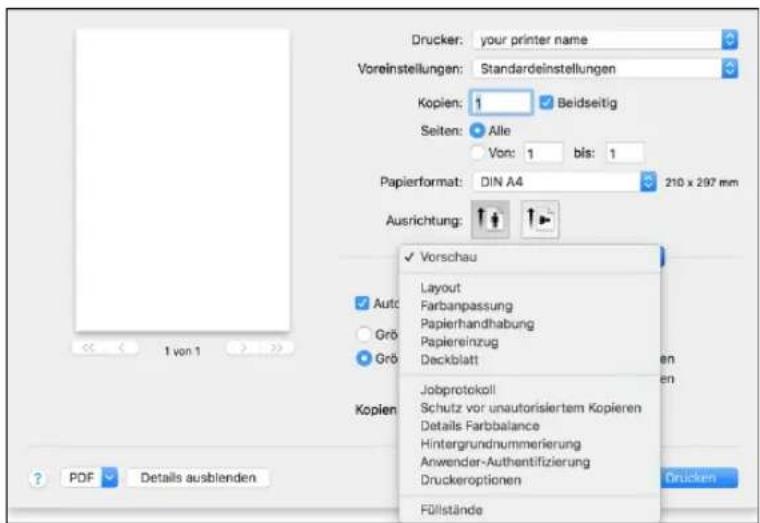 Drucker: your printer name Voreinstellungen: Standardestellungen Kopien: 1 Beidseitig Seiten: Alle Von: 1 bis: 1 Papierformat: DIN A4 210 x 297 mm Ausrichtung: ✓ Vorschau Layout Farbanpassung Papierhandhabung Papiereinzug Deckblatt Jobprotokoll Schutz vor unautorisiertem Kopieren Details Farbbalance Hintergrundnummerierung Anwender-Authentifizierung Druckeroptionen Füllstände PDF Details ausblenden