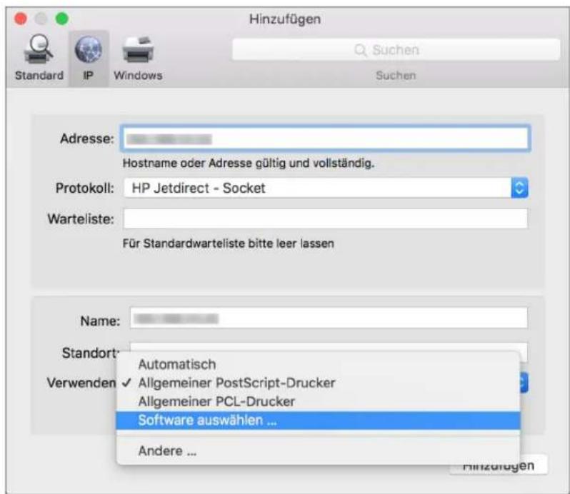 Hinzufügen Standard IP Windows Suchen Suchen Adresse: Hostname oder Adresse gültig und vollständig. Protokoll: HP Jetdirect - Socket Warteliste: Für Standardwarteliste bitte leer lassen Name: Standort: Automatisch ✓ Allgemeiner PostScript-Drucker Allgemeiner PCL-Drucker Software auswählen ... Andere ... Hinzufügen