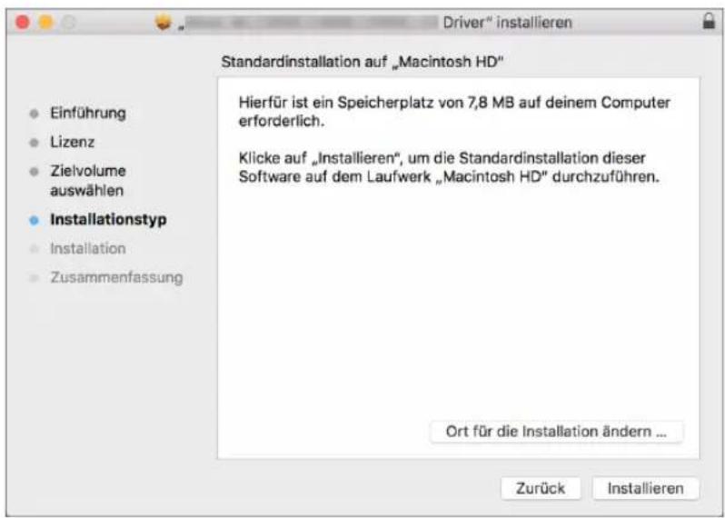 Driver" installieren Standardinstallation auf „Macintosh HD" Einführung Lizenz Zielvolume auswählen Installationstyp Installation Zusammenfassung Hierfür ist ein Speicherplatz von 7,8 MB auf deinem Computer erforderlich. Klicke auf „Installieren“, um die Standardinstallation dieser Software auf dem Laufwerk „Macintosh HD" durchzuführen. Ort für die Installation ändern ... Zurück Installieren