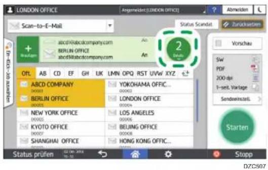 LONDON OFFICE Scan-to-E-Mail Abmaldon Status Scandal Zurzukstern 2 Drule Vorschau Sw PDF 200 dpi 1-set. Vortage Sendewinstell > Starten Status prüfen DZCS07