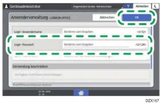 Gerästeadministrator Angemelden Geräte-Administrator Abmelden Anwenderverwaltung: London office Abbrechen OK Logit-Anwendername Berühren zum Eingebene <0/32> Logit-Pauswert Berühren zum Eingebene <0/128> Verwendung beschränkten Verfügbare Funktsgew/Anwertlungen Zunflichtsverhältnungen Subzahlen 01.06.2014 01.25 DZX187