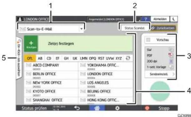 LONDON OFFICE Scan-to-E-Mail 1 2 Status Scandst. Ziel(e) festliegen 3 Vorschau Swl PDF 200 dpi 1-sett. Vorlage Sendereinstall. 4 Status prüfen Stopp DZX898