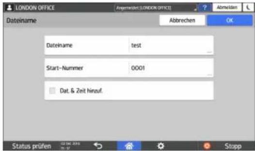 LONDON OFFICE ArgenteRed: LONDON OFFICE Abwiden Dateiname Abbrechen OK Dateiname test Start-Nummer 0001 Dat. & Zeit hinzuf. Status prüfen 22/06/2019 Stopp