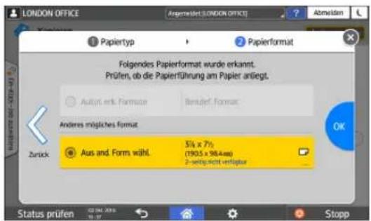 LONDON OFFICE ArgenteRed: LONDON OFFICE Abmelden Papiertyp Papierformat Folgendes Papierformat wurde erkannt. Prüfen, ob die Papierführung am Papier anliegt. Autus erk Formaze Berufel Format Anderes mögliches Format Zurück Aus and. Form wählt. 3½ x 7½ (1905 x 984mm) 2 - verfügbre verfügbar Status prüfen Stopp