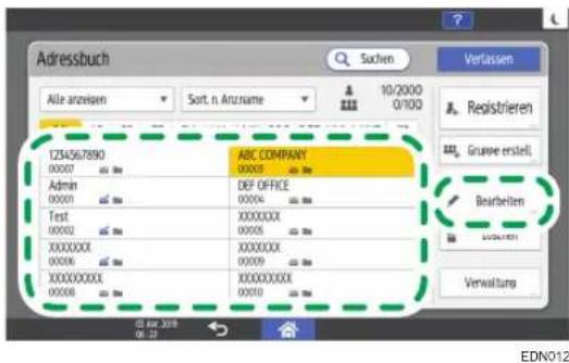 Adressbuch Allie anzeigen Sort. n Arzname 10/2000 0/100 Verlassen Registrieren Gruppe erstell. Bearbeitern Verwaltung 1254567890 ABC COMPANY 00007 00005 Admin DEF OFFICE 00001 Test XXXXXXXX 00002 XXXXXXXX 00006 XXXXXXXX 00008 XXXXXXXX 00009 XXXXXXXX 00010 EDN012