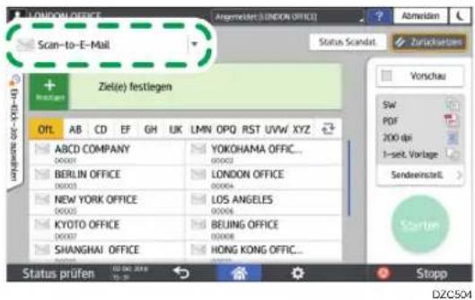 LONDON OFFICE Scan-to-E-Mail Ziel(e) festliegen OYL AB CD EF GH UK LMN OPQ RST UVW XYZ ABCD COMPANY 00003 YOKOHAMA OFFIC... 00003 BERLIN OFFICE 00003 LONDON OFFICE 00004 NEW YORK OFFICE 00003 LOS ANGELES 00006 KYOTO OFFICE 00007 BEIJING OFFICE 00008 SHANGHAI OFFICE 00009 HONG KONG OFFIC... Status prüfen 12/06/2016 15:30 Stand Abmeln Status Scandat Zürichkeiten Vorschau SW PDF 200 dpi 1-set, Vorlage Sendeinsteil. Starten DZC504