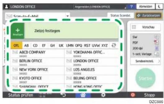 LONDON OFFICE Argemeist(LONDON OFFICE) Abmelden Scrimbo-Em-Mail Status Scandat Zurückvergen + Ziel(e) festlegen Ort AB CD EF GH UK LMN OPQ RST UVW XYZ Sw POF 200 dpi 1-set. Vorlage Sendesinstell > Starten Status prufen Stopp DZC5606