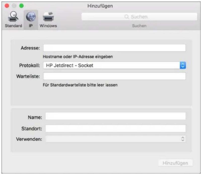 Hinzufügen Standard IP Windows Q Suchen Suchen Adresse: Hostname oder IP-Adresse eingeben Protokoll: HP Jetdirect - Socket Warteliste: Für Standardwarteliste bitte leer lassen Name: Standort: Verwenden: Hinzufügen