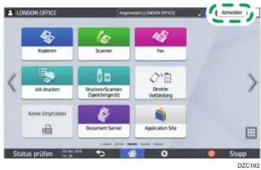 LONDON OFFICE Kopieren Scanner Fax Job drucken Drucken/Scannen (Speichergerät) Direkte Verbindung Keine Impf datesi Document Server Application Site Status prüfen DZC192 Stopp Abmelden