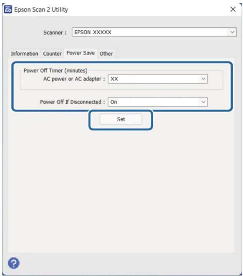 Epson Scan 2-Dienstprogramm Scanner: EPSON XXXXX Informationen Zähler Energiesparen Sonstiges Ausschalt-Timer (Minuten) Netzteil oder AC-Adapter: XX Ausschalten bei Trennung: Ein Festlegen