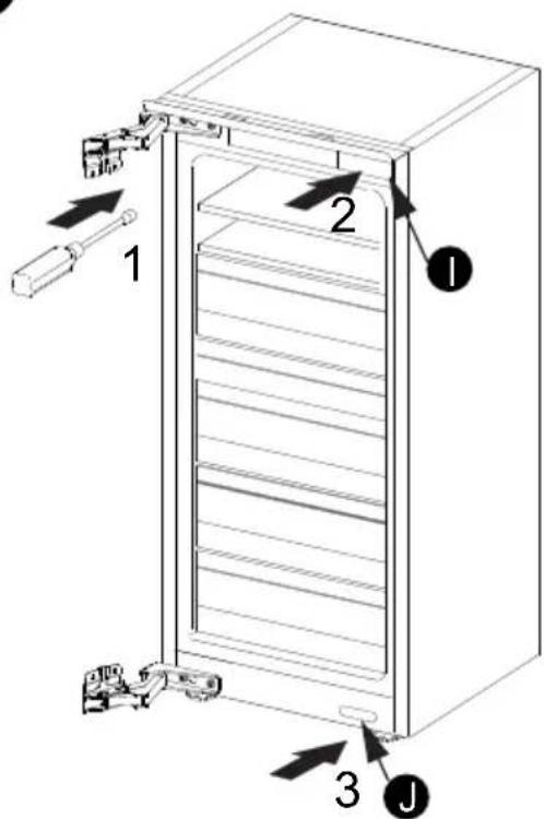 Technical diagram of a refrigerator with labeled parts and directional arrows indicating assembly or movement.
