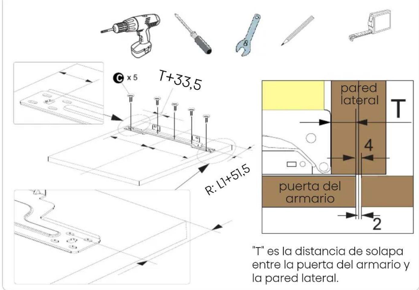 "T" es la distancia de solapa entre la puerta del armario y la pared lateral.