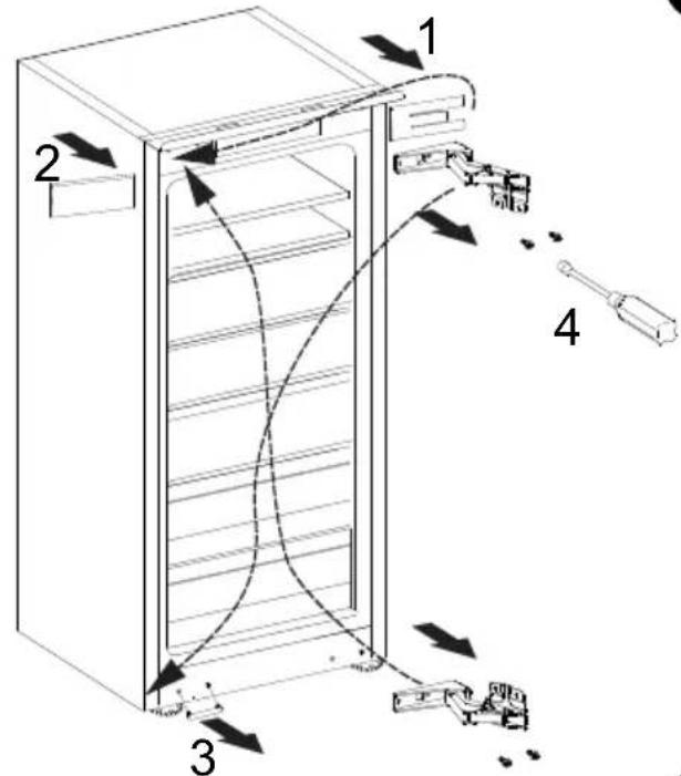 Diagram of a refrigerator interior with numbered components and directional arrows indicating flow or movement.