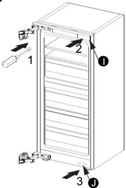 Technical diagram of a refrigerator with labeled parts and directional arrows indicating assembly or movement.