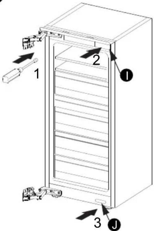 Technical diagram of a refrigerator with labeled parts and directional arrows indicating assembly or movement.